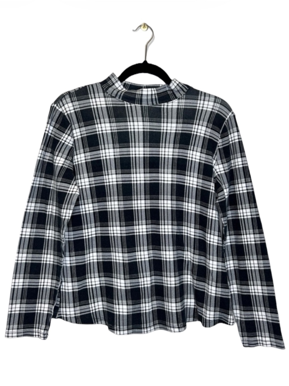 Black and white plaid 100% Pima cotton casual mock neck top size medium